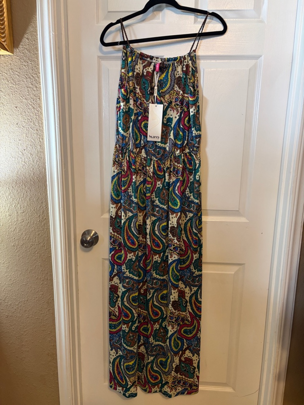 Boho Paisley Spaghetti-Strap Maxi Dress in Teal and Cream